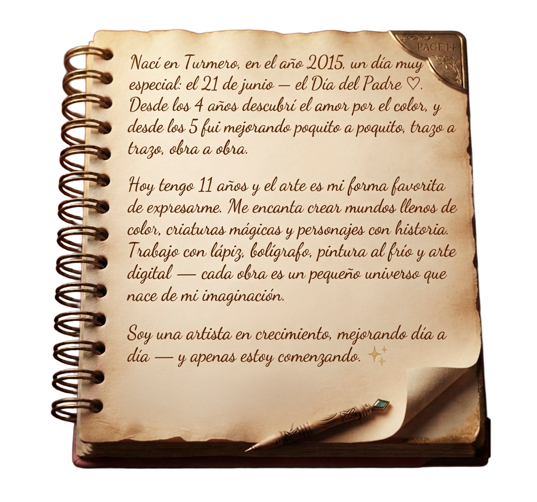 Nací en Turmero, en el año 2015, un día muy especial: el 21 de junio — el Día del Padre. Desde los 4 años descubrí el amor por el color, y desde los 5 fui mejorando poquito a poquito, trazo a trazo, obra a obra. Hoy tengo 11 años y el arte es mi forma favorita de expresarme. Me encanta crear mundos llenos de color, criaturas mágicas y personajes con historia. Trabajo con lápiz, bolígrafo, pintura al frío y arte digital — cada obra es un pequeño universo que nace de mi imaginación. Soy una artista en crecimiento, mejorando día a día — y apenas estoy comenzando.